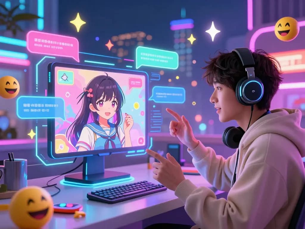 Engaging hentai ai chat interaction with vibrant anime visuals and holographic dialogue boxes.