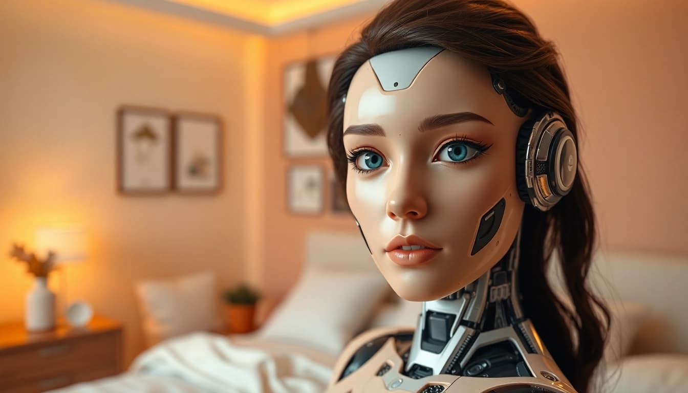 Realistic sex bot in a modern intimate setting, showcasing advanced AI technology and emotional connection.