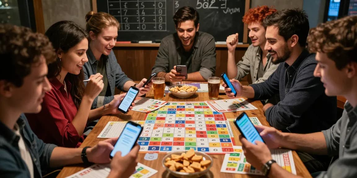Quiz Allgemeinwissen: Freunde bei einem spannenden Quizabend mit Trivia-Fragen und großem Tisch.
