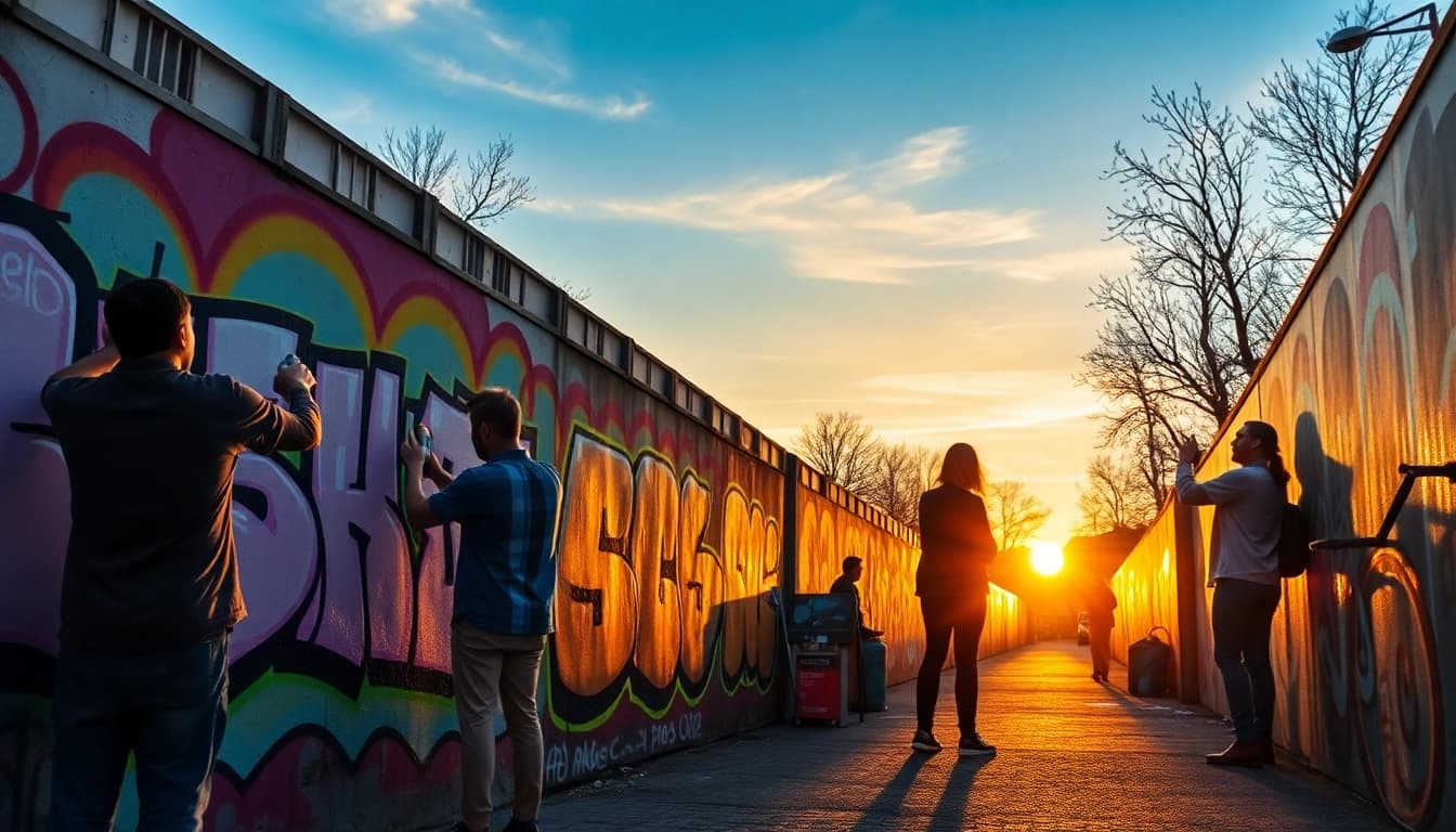Entdecken Sie lebendige Graffiti München: Künstler arbeiten an bunten Wandmalereien in einer urbanen Straßenszene.