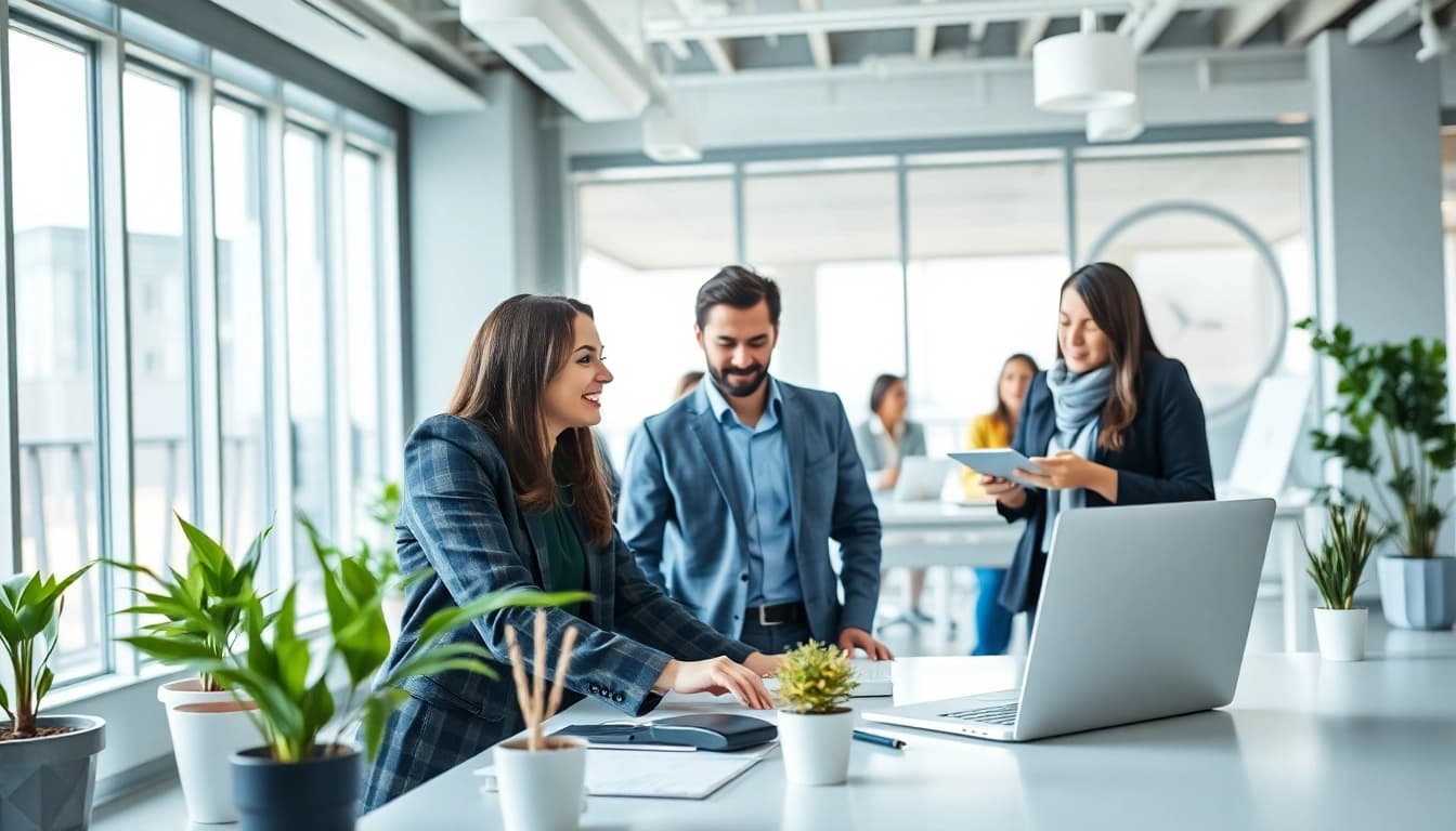Headhunter IT in modern office environment engaging with candidates and technology.