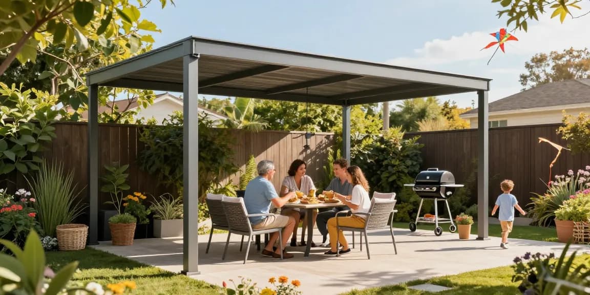 Moderne Terrassenüberdachung in einem sonnigen Garten mit Familie, Blumen und stilvollen Möbeln.