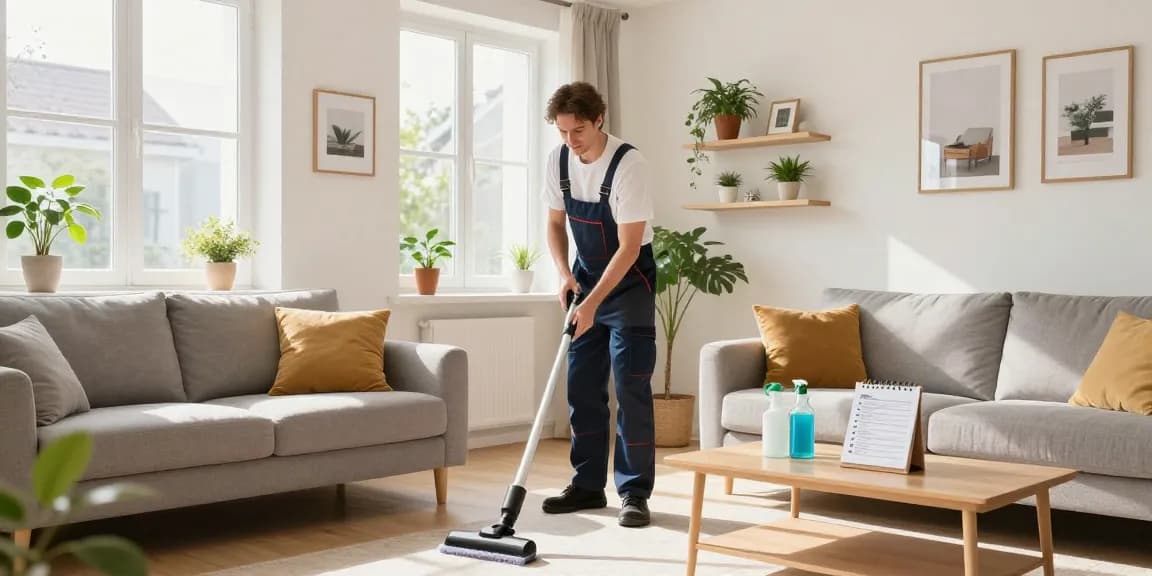 Professional cleaner performing umzugsreinigung solothurn in a bright living room.