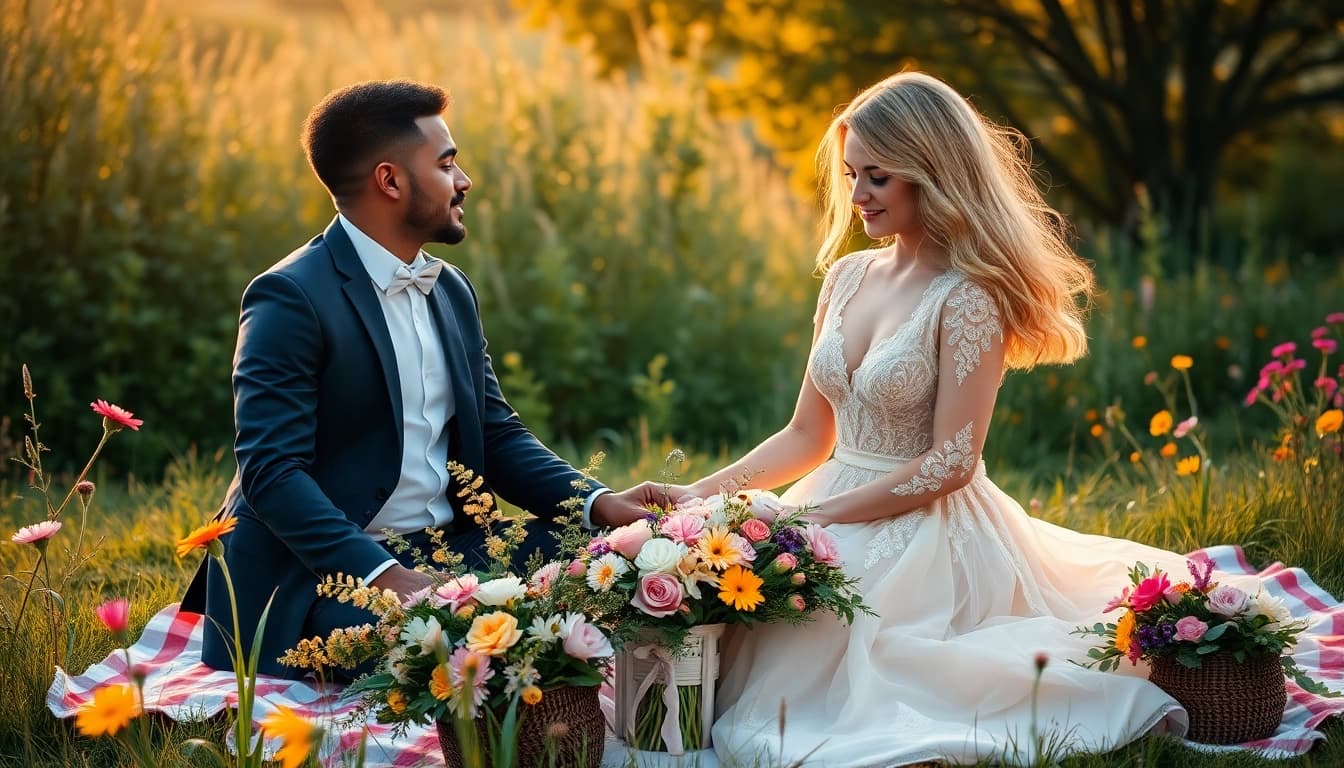 Capture an enchanting couple in engagement dresses for photoshoot amid a picturesque garden setting.