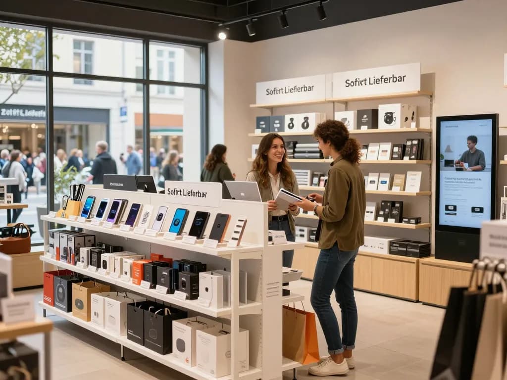 Einkaufszene, die Sofort Lieferbar Produkte in einem einladenden Einzelhandelsraum hervorhebt.