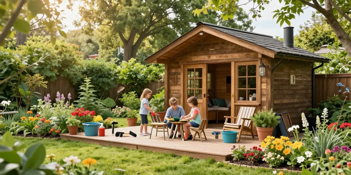 Gemütliches Gartenhaus Holz umgeben von bunten Blumenbeeten und einer Familie, die Möbel auf der Terrasse anordnet.