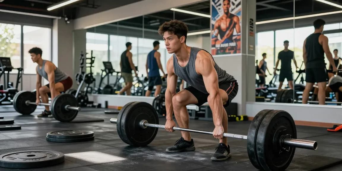 Athletischer Mann hebt Gewichte in einem dynamischen Fitnessstudio bei Steroidshop und zeigt Krafttraining mit hoher Energie.