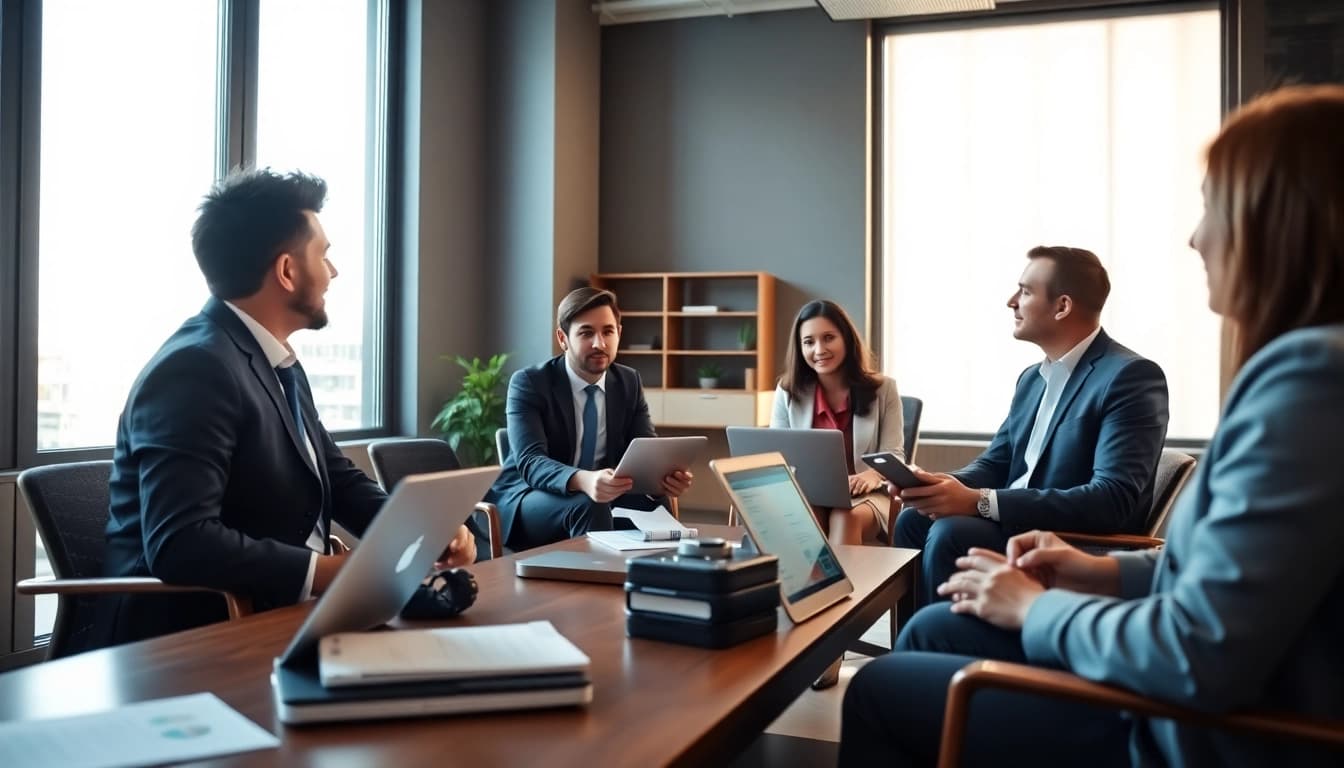 Headhunter München berät ein vielfältiges Kliententeam in modernem Büro.