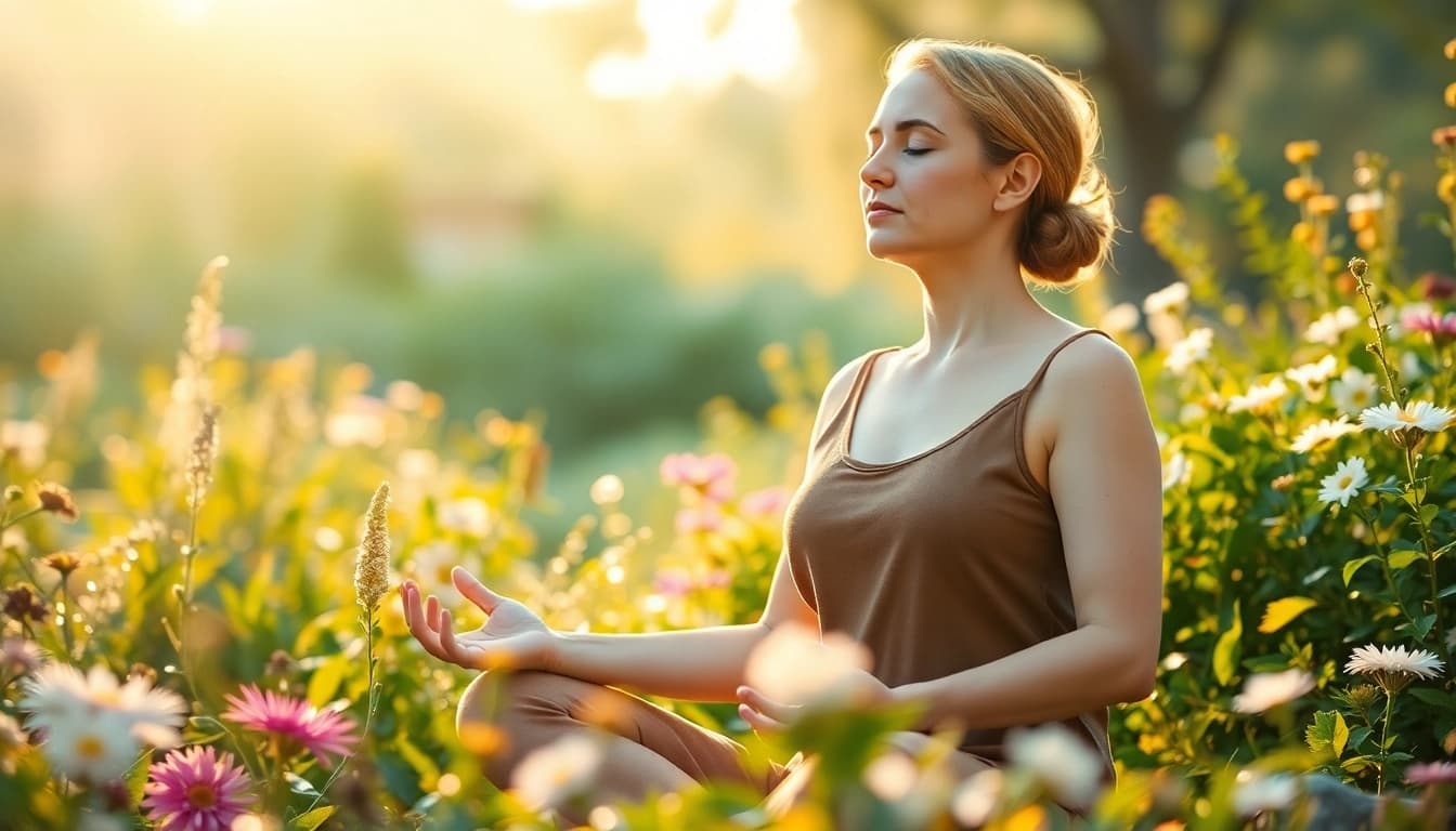 Visualisieren Sie die Bedeutung der Psychosomatik: Eine meditative Person in einem blühenden Garten, strahlt Ruhe und Balance aus.