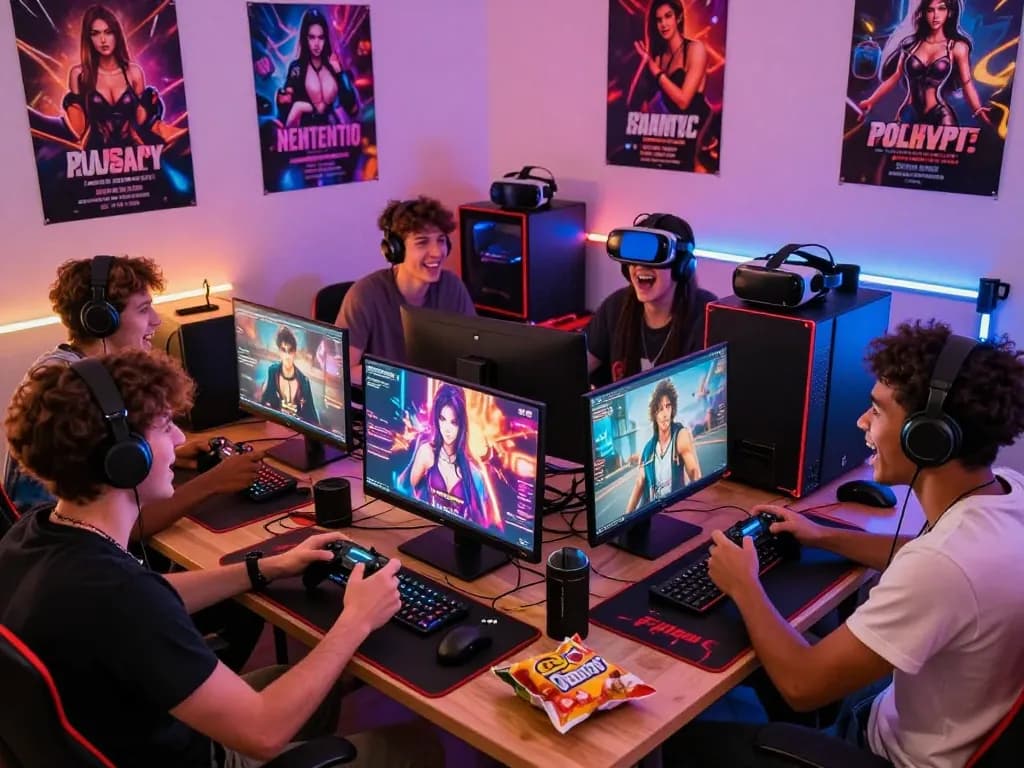 Friends enjoying a sex game online in a vibrant gaming room with colorful lighting