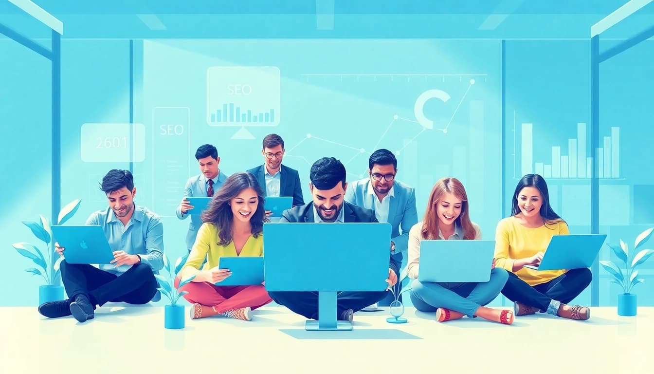 Visualize a collaborative team analyzing SEO-Ranking data in a modern office, highlighting growth.
