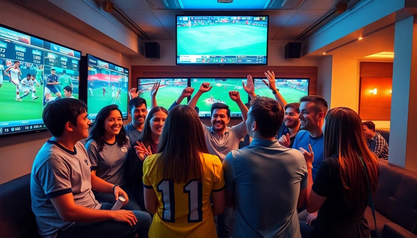 Experience the thrill of sportwetten ohne lizenz in a lively sports lounge filled with fans celebrating and engaging with sporting events.
