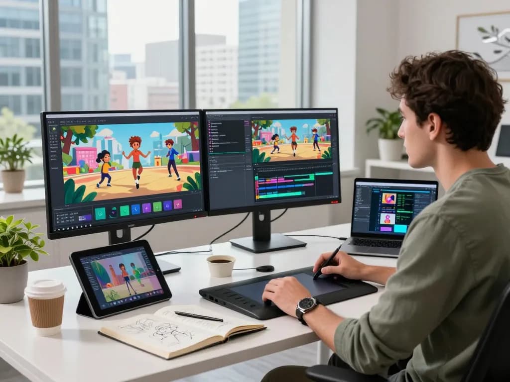 A video creator engaged with motion control AI, illustrating innovative animation techniques in a modern workspace.