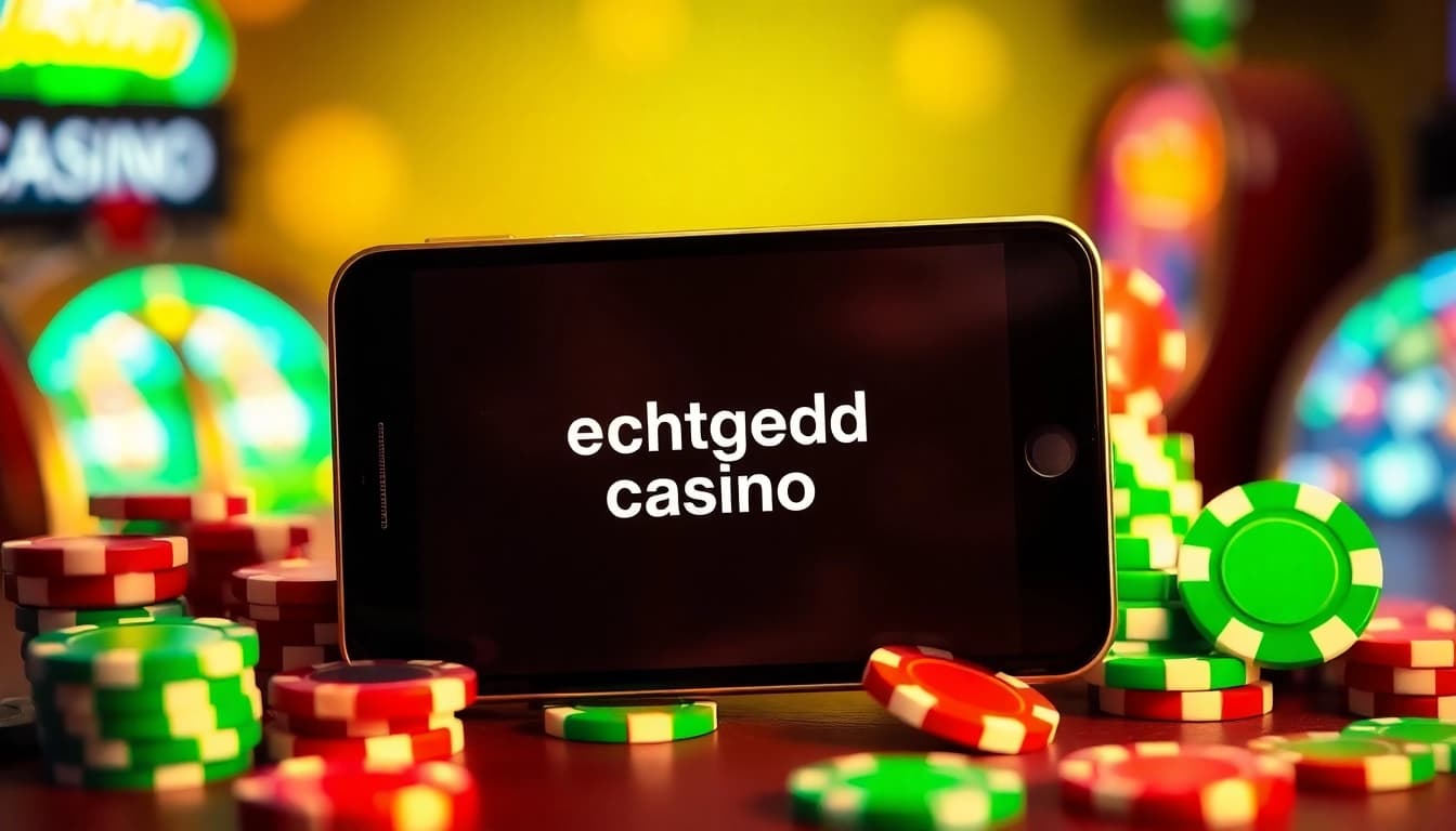 Erforschen Sie die aufregenden Features der echtgeld casino app auf einem modernen Smartphone umgeben von Casino-Chips und Spielautomaten.