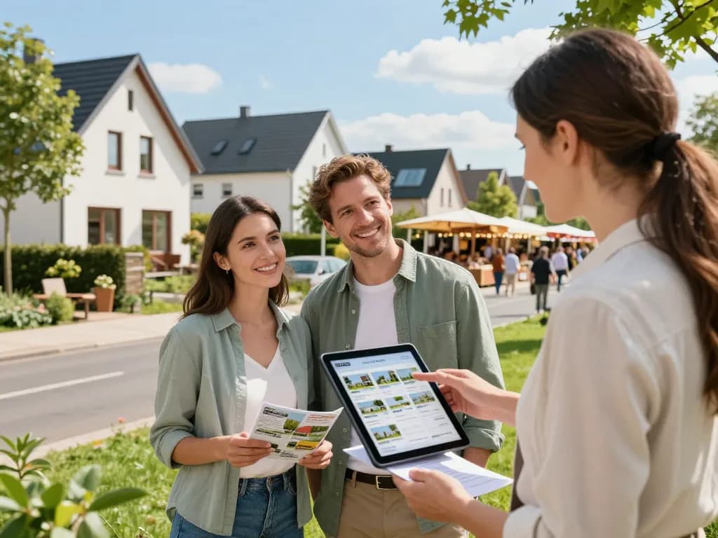 Immobilienmakler Frankfurt Preungesheim, der einem Paar in einem lebhaften Wohngebiet fachkundige Unterstützung bietet.