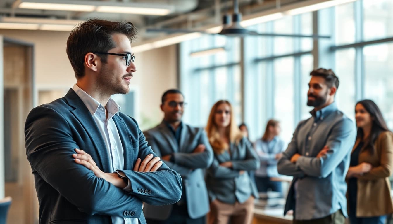 Headhunter Ingenieure im Austausch mit Ingenieuren in einem modernen Büro.