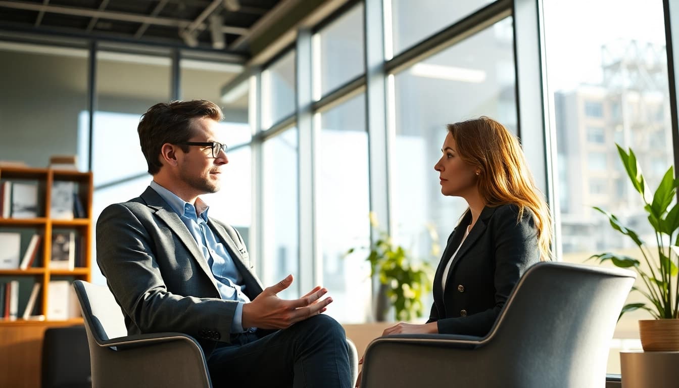 Headhunter führt ein aufmerksames Gespräch mit einem Kandidaten in einem modernen Büro.