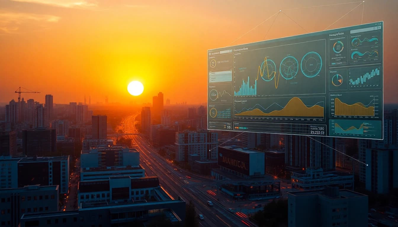 Entdecken Sie den Web-Rang durch modernste digitale Trends in einer futuristischen Stadtlandschaft.