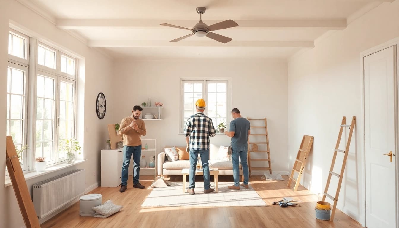 Hausrenovierung: Handwerker renovieren einen Raum mit frischer Farbe und neuen Möbeln.