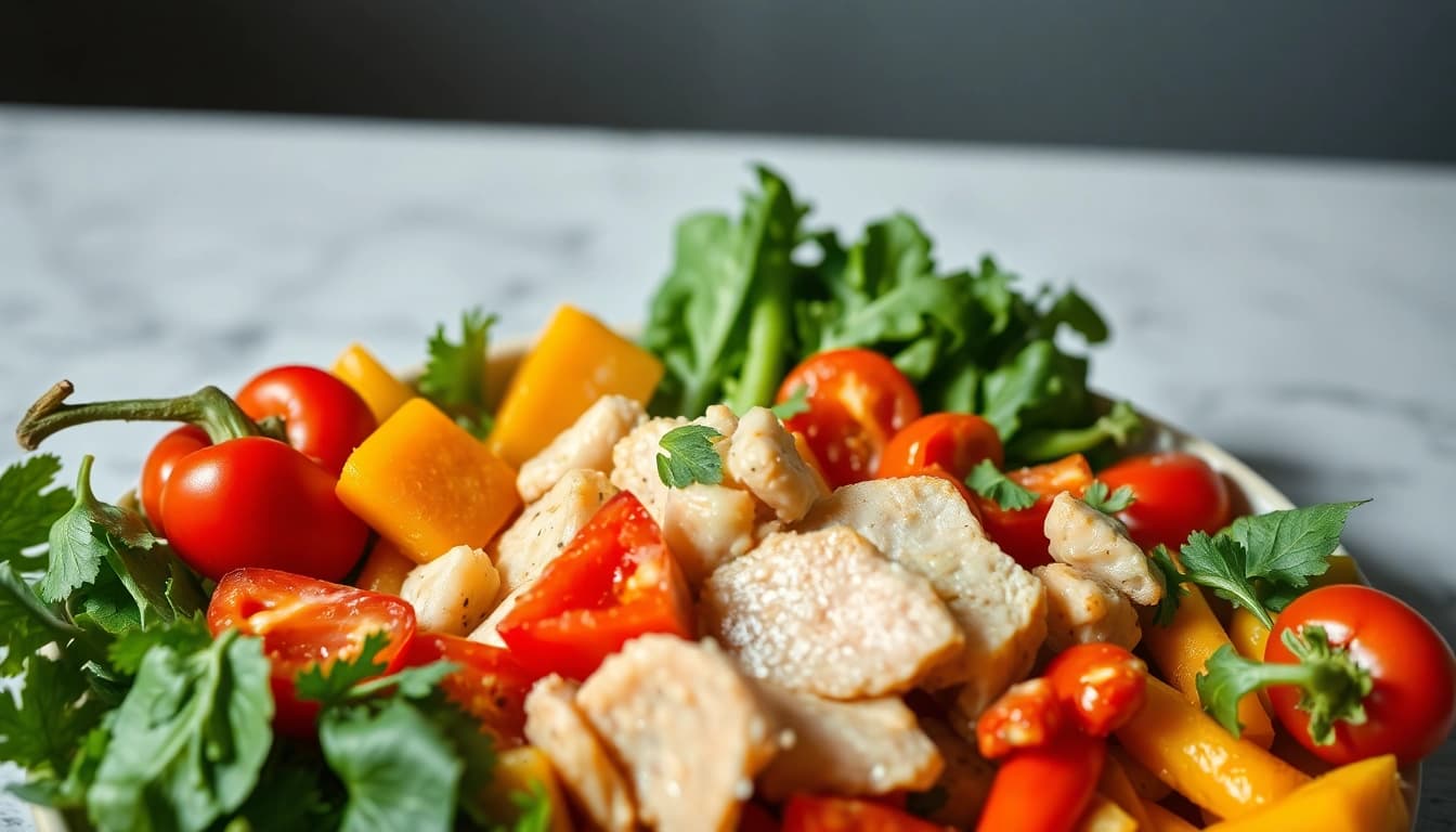 Gesundes Gericht zur Gewichtsverlust-Diät mit frischem Gemüse und magerem Protein.