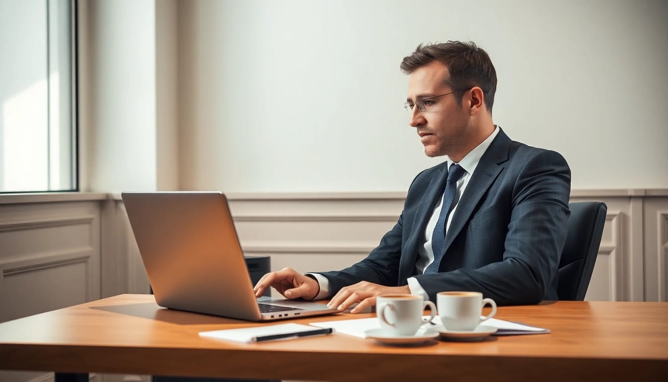 Headhunter Pflegekräfte arbeitet fokussiert in einem modernen Büro mit Laptop und Diagramm zur Personalvermittlung.