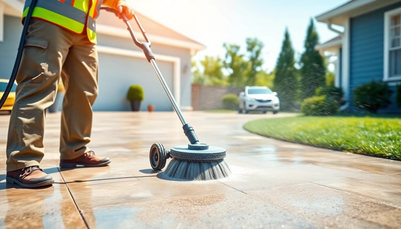 Driveway pressure wash service in action with a worker cleaning a concrete driveway, emphasizing professionalism and cleanliness.