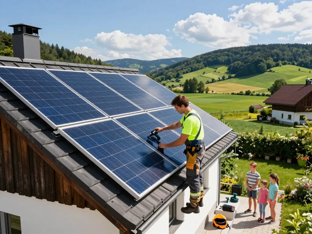 Photovoltaik Bayern Installation, die einen Techniker auf dem Dach zeigt, der Solarpanels in die schöne bayerische Landschaft integriert.