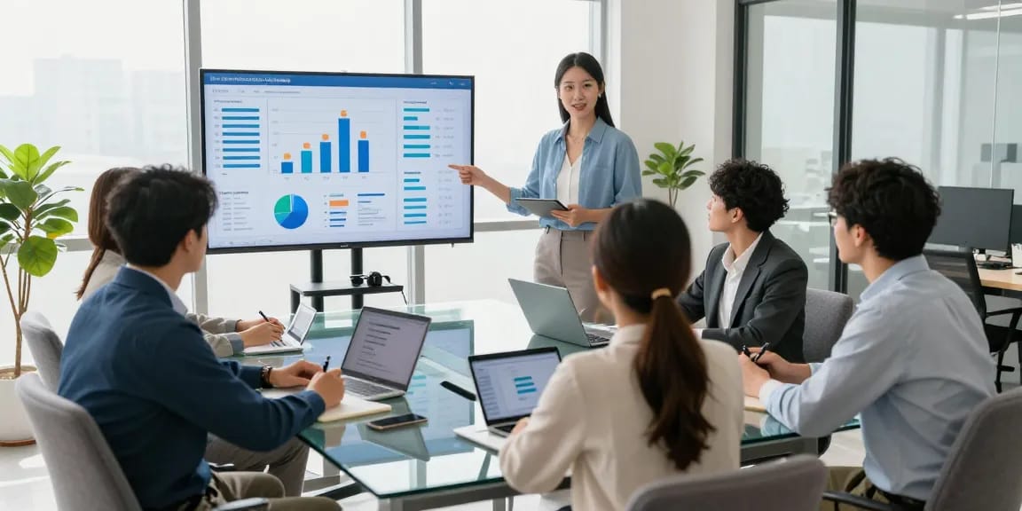 Schlechte Führung erkennen: Team in Meeting zeigt Datenvisualisierungen zur Führungseffektivität.