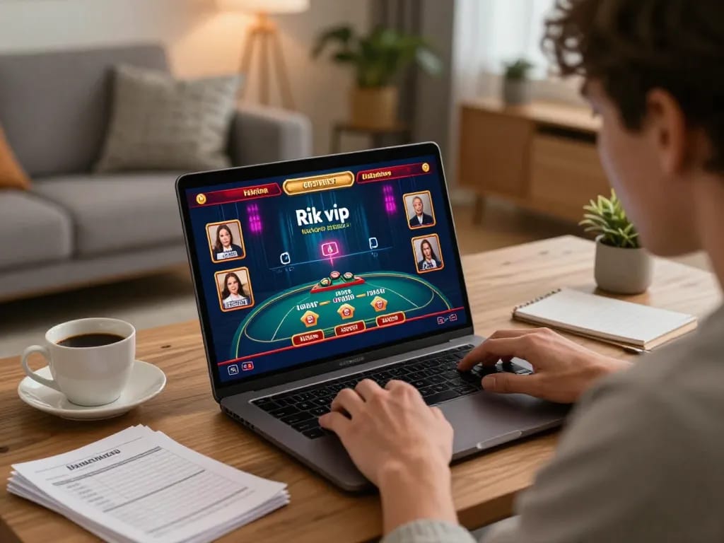 Engaging with rik vip’s online gaming platform on a laptop at home while managing bankroll.