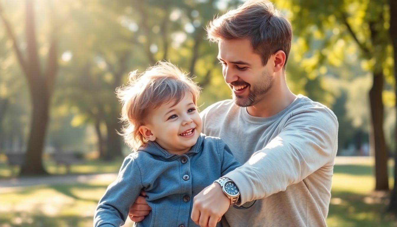 Elternteil zeigt liebevolle Kindererziehung im Park mit unterstützendem Lächeln auf das Kind.