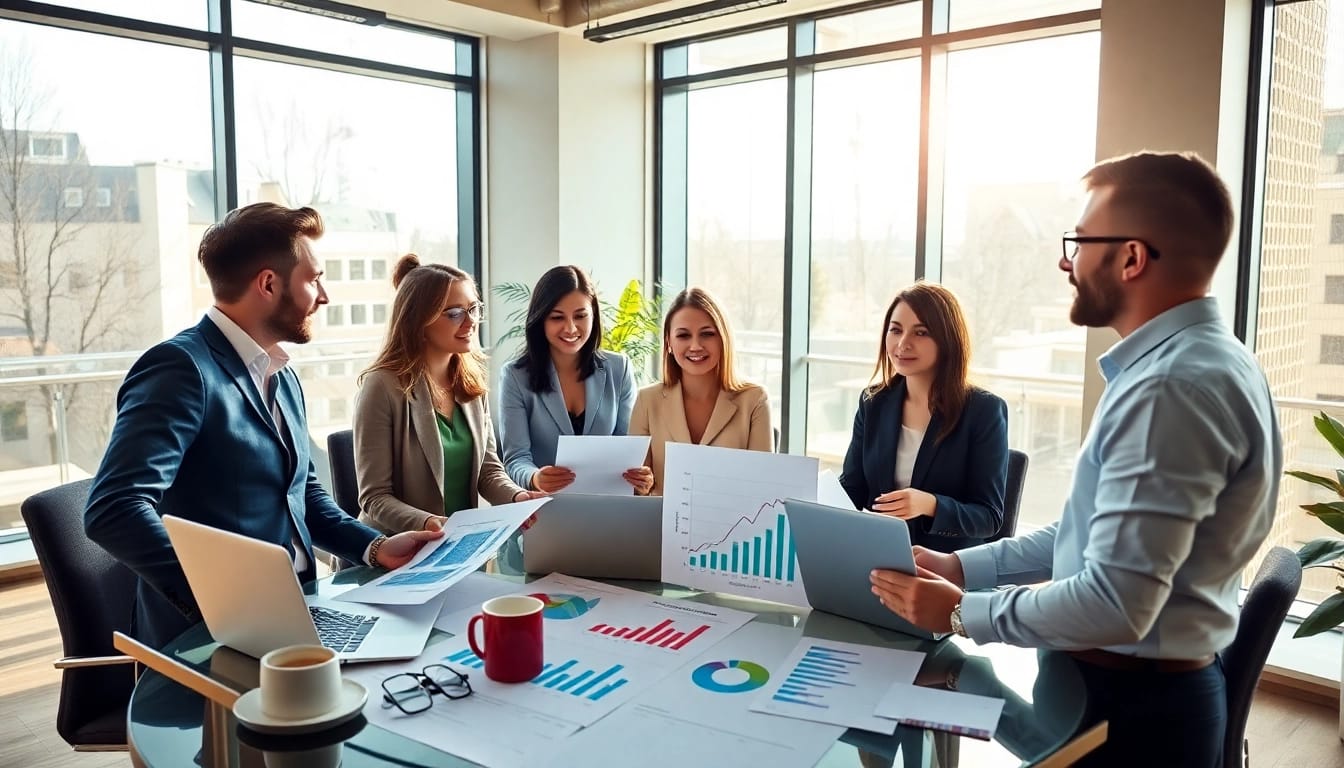 Illustrate the average salary in Germany with professionals analyzing salary statistics in a modern office.