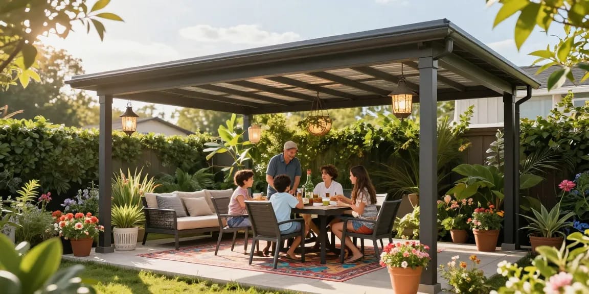 Freistehende Terrassenüberdachung bietet perfekten Schutz für Gartenpartys.