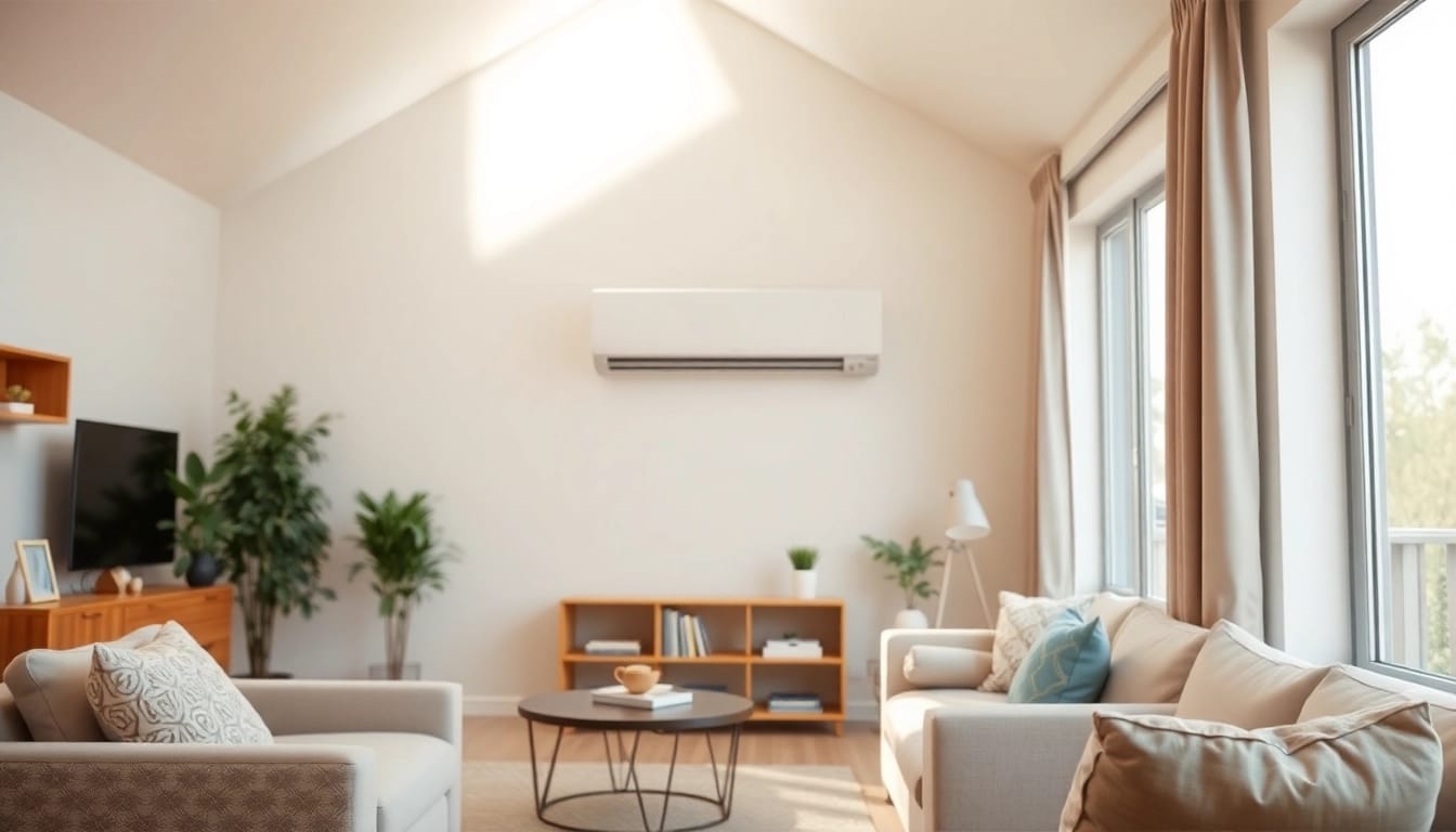 Actions to Klimaanlagen installieren lassen in a stylish home setting with a modern AC unit.