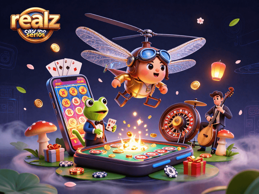 Realz Casino seriös: Ein aufregender Spieltisch mit einem Frosch-Croupier und Glücksspiel-Elementen.