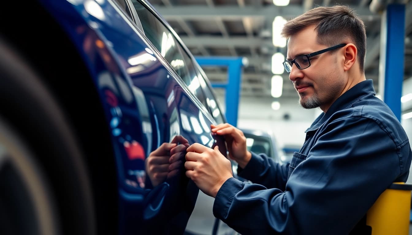 Kratzer Reparatur Auto München: Fachkraft bei der Reparatur von Lackschäden an einem Fahrzeug.
