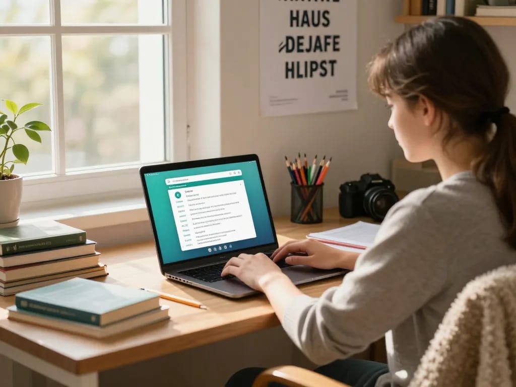 Student, der Hausaufgaben KI kostenlos in einem hellen Studienbereich mit Lehrbüchern und digitalen Werkzeugen nutzt.