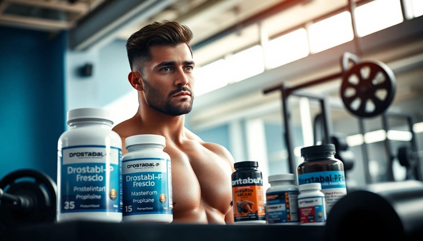Drostabal-P Masteron Propionate in use by a focused athlete lifting weights in a bright gym.