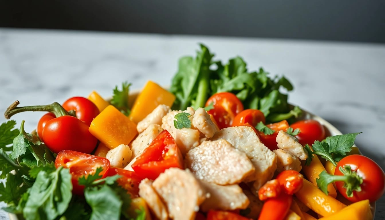 Gesundes Gericht zur Gewichtsverlust-Diät mit frischem Gemüse und magerem Protein.