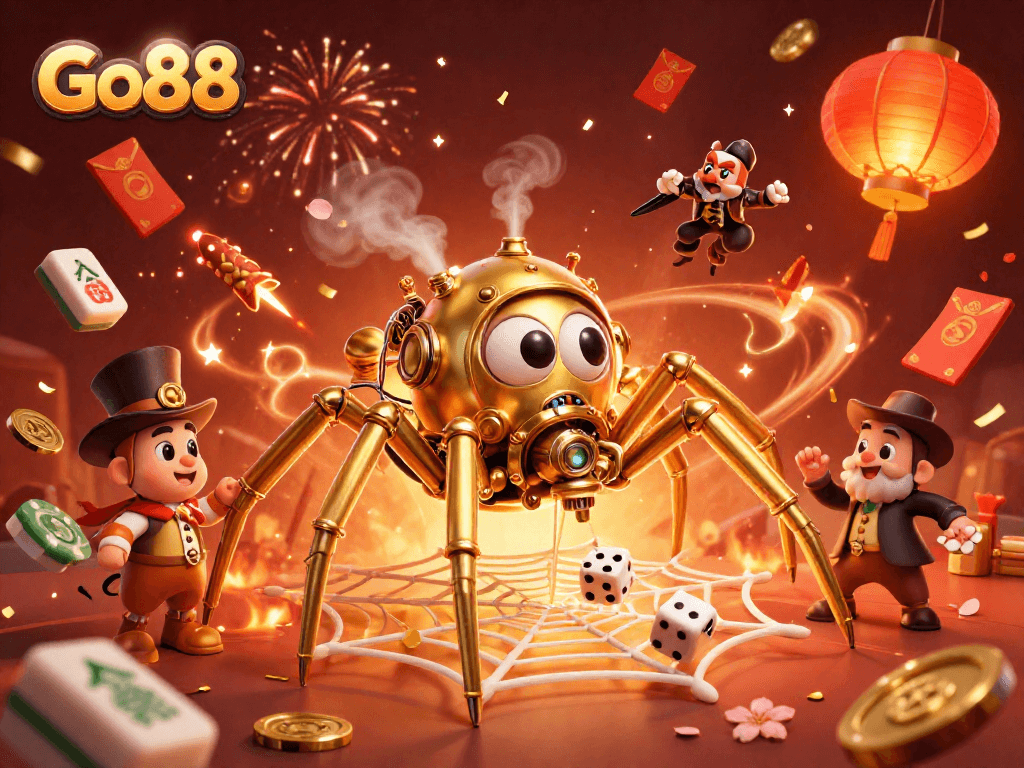 Engage with Go88's thrilling gaming universe featuring dynamic characters and shimmering casino elements.