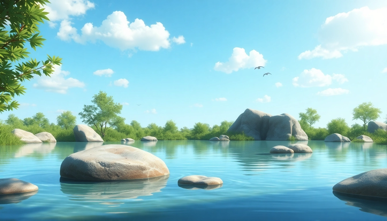 Enhancing emotional wellbeing through a serene pond scene, calming nature, and vibrant colors.