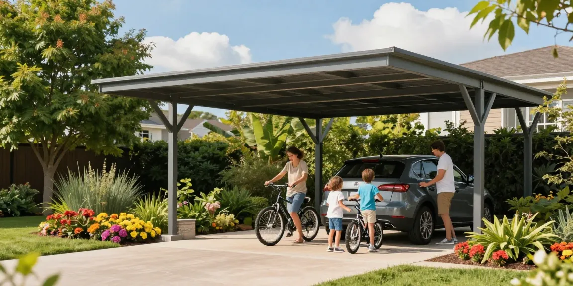 Carport bietet Schutz für Familie und Fahrräder in einem einladenden Garten.