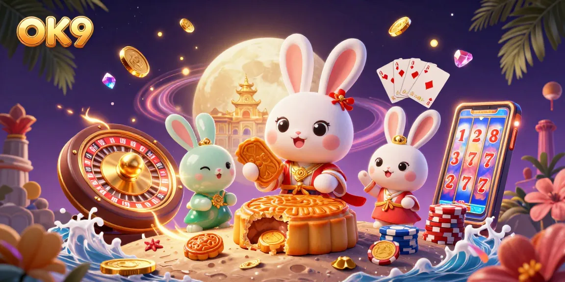 OK9 players win big with a moon rabbit illustration surrounded by casino treasures.