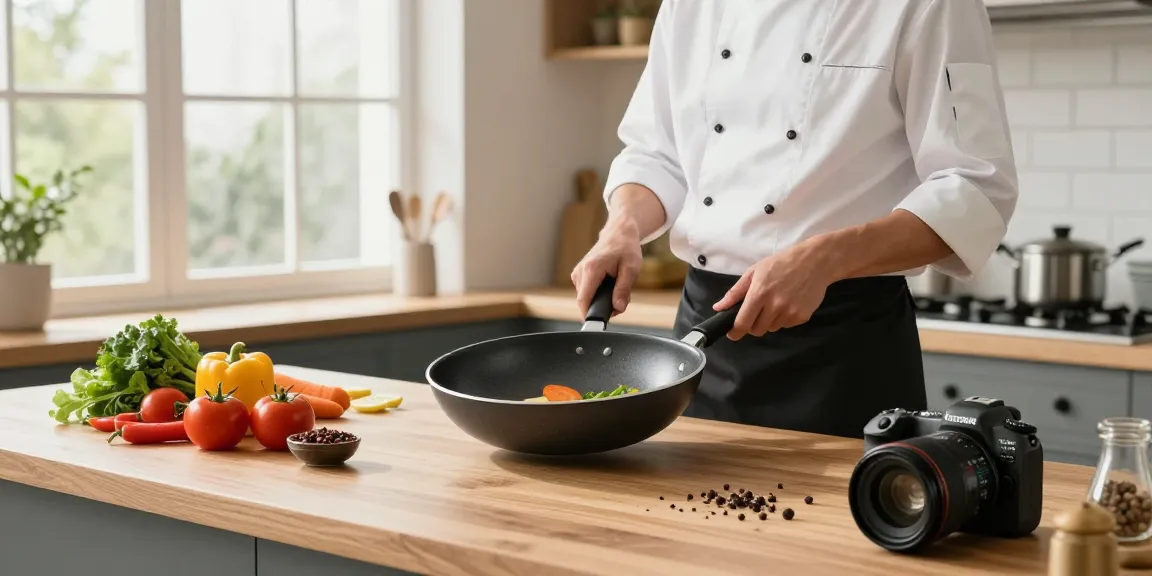 Kochen mit PTFE freien Pfannen von GreenKitchen in einer modernen Küche, frischen Zutaten und natürlichen Lichtverhältnissen.