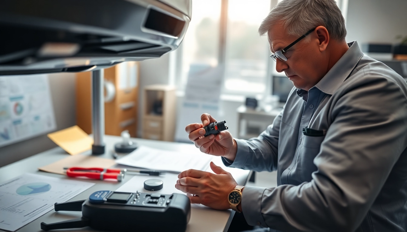 Kfz Sachverständiger Augsurg analysiert ein Fahrzeug in modernem Büro.