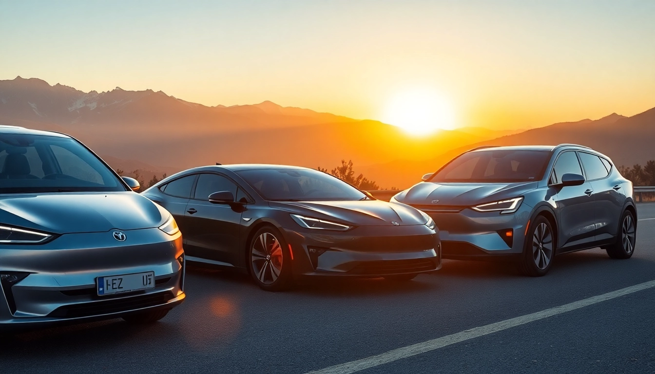 Elektroautos auf einer malerischen Autobahn mit Bergen im Hintergrund und modernem Design.