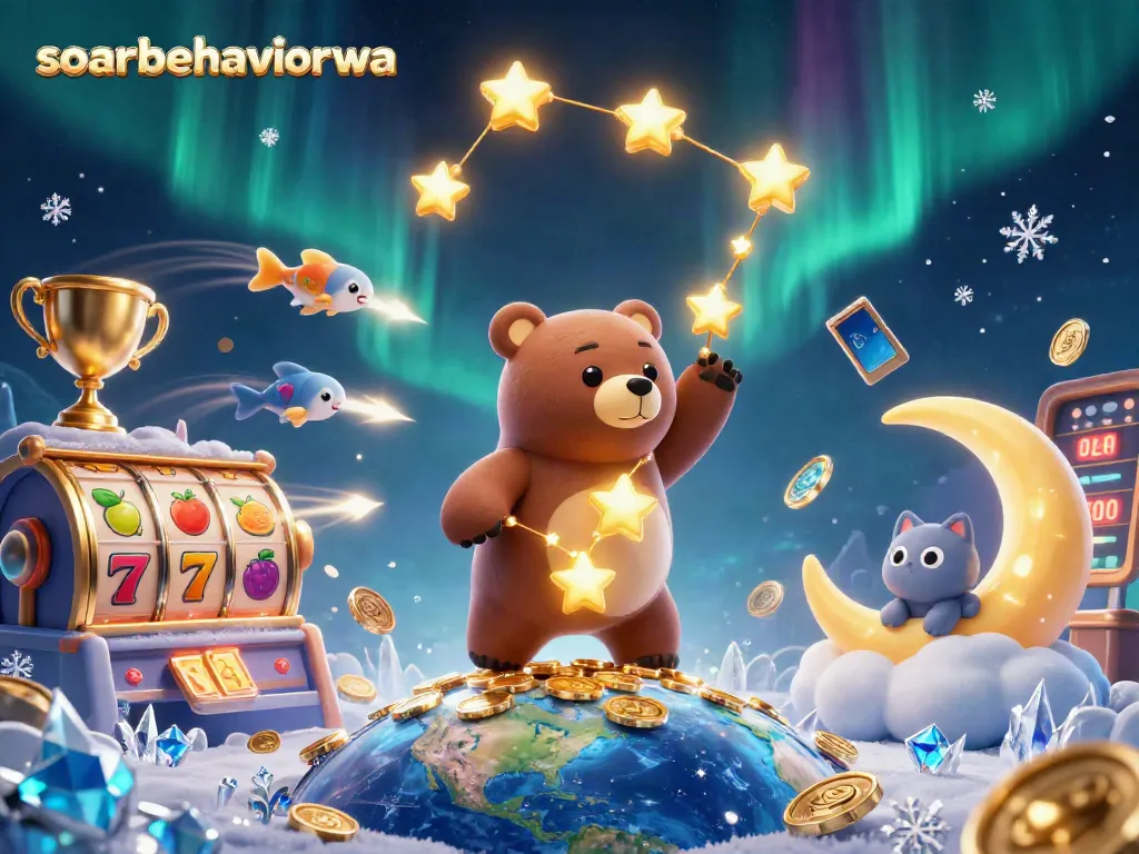 Experience the cosmic charm of soarbehaviorwa with the constellation bear collecting casino coins amidst vibrant slot elements.