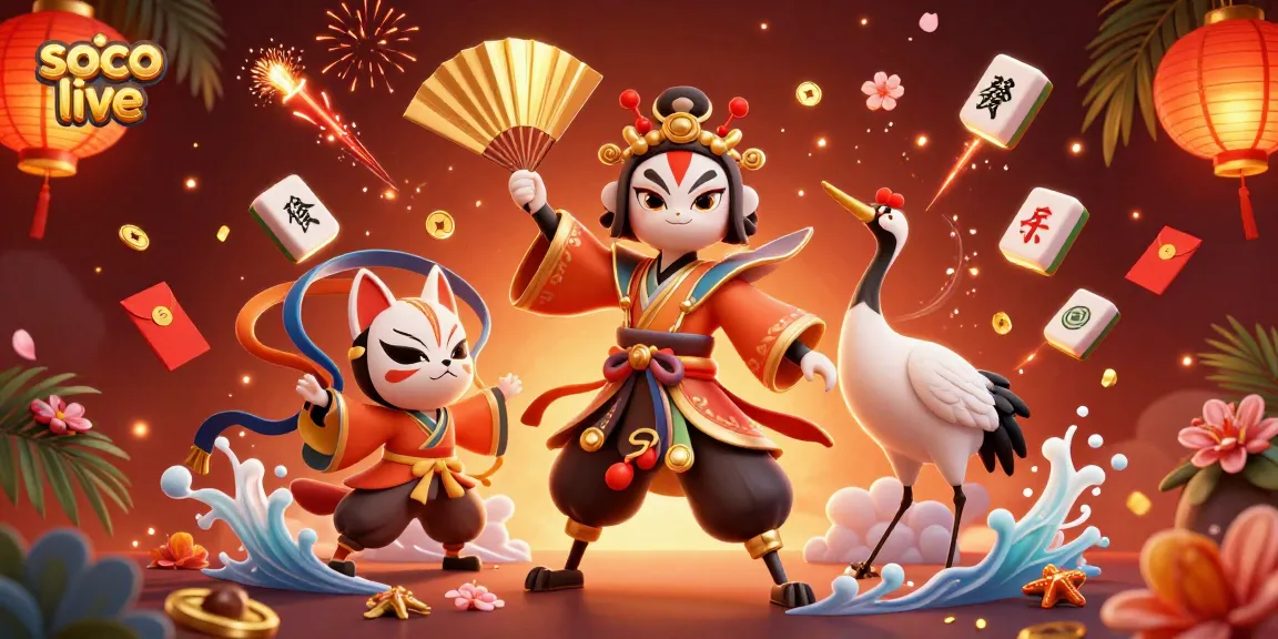 Soco live offers a vibrant 3D scene showcasing a kabuki warrior and luck symbols for online gambling action.