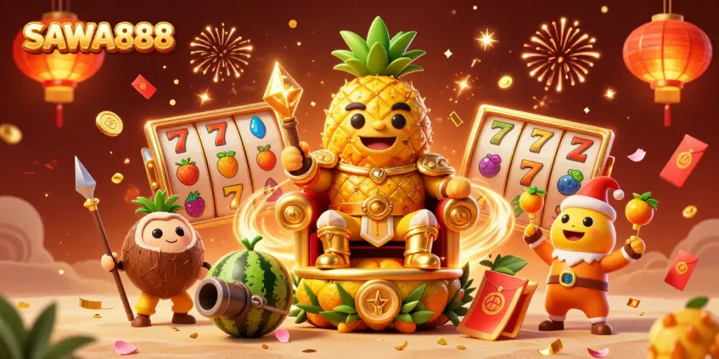 SAWA888 invites players to experience a vibrant casino scene with a golden pineapple king and dynamic slot elements.