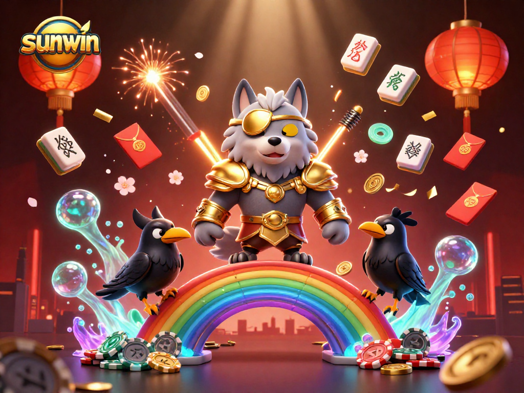 Engage in thrilling gaming with Sunwin's vibrant 3D illustration showcasing casino elements.