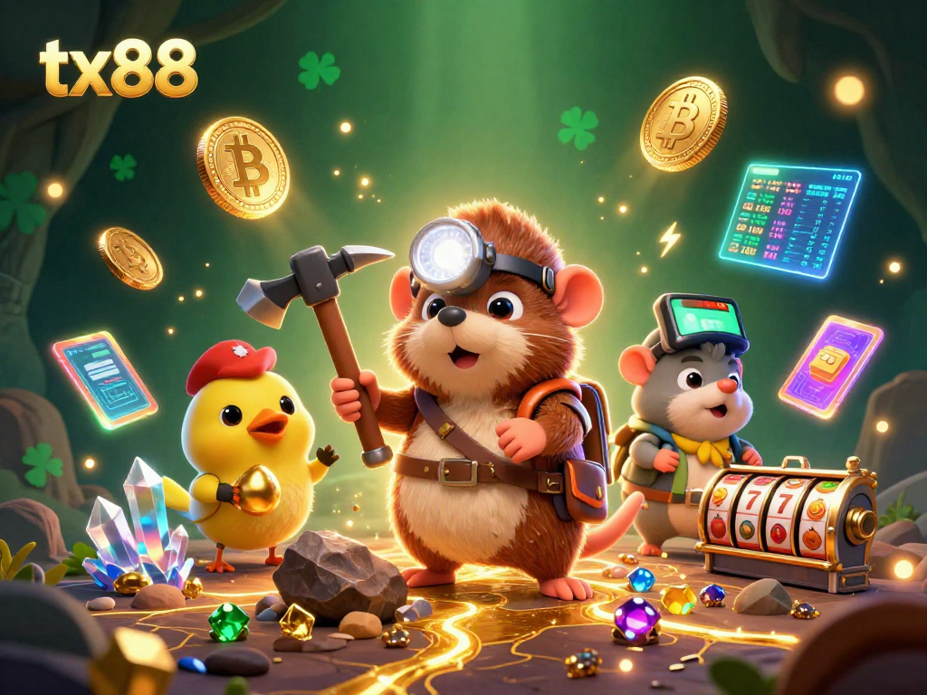 Engage with tx88’s vibrant casino scene featuring a treasure hunter mole, glowing cryptocurrencies, and slot machines.